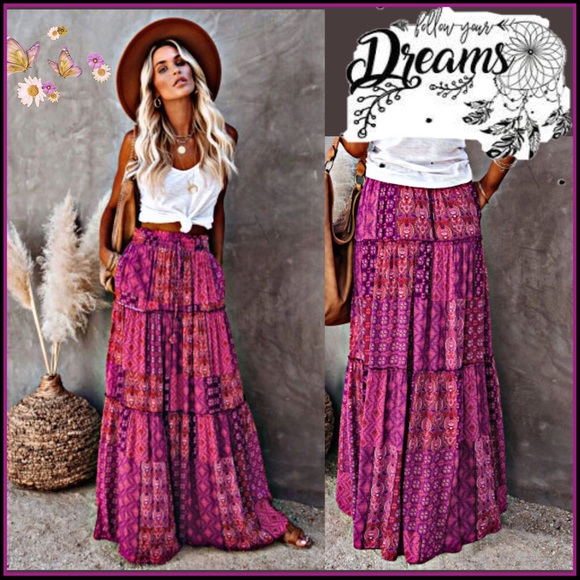 BOHO VIOLET & PINK PAISLY PRINT MAXI SKIRT WITH POCKETS SMALL - Picture 6 of 13
